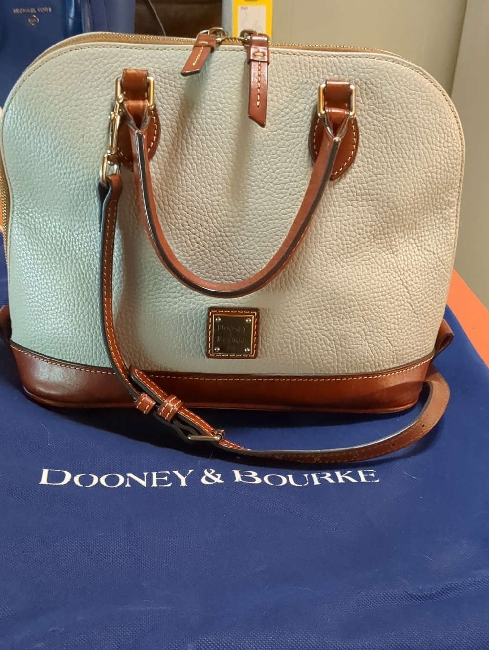 Dooney & Bourke Cream Pebbled Leather Satchel with Brown Trim